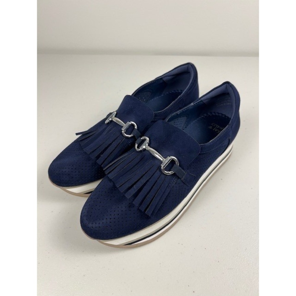 Crown & Ivy Navy Blue Platform Bosco Sneakers Loafers Tassel Striped Sole Sz 8.5 - Picture 5 of 12